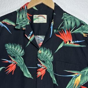 Vintage Paradise Found Hawaiian Shirt Monstera Bird of Paradise Beach‎ Black XL